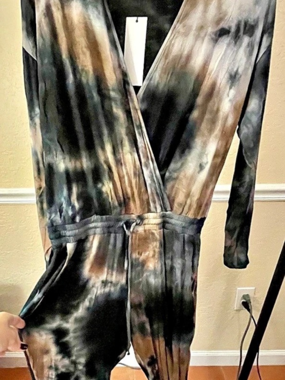 Veronica M. Long Sleeve Surplice Jumpsuit Black & Brown Large